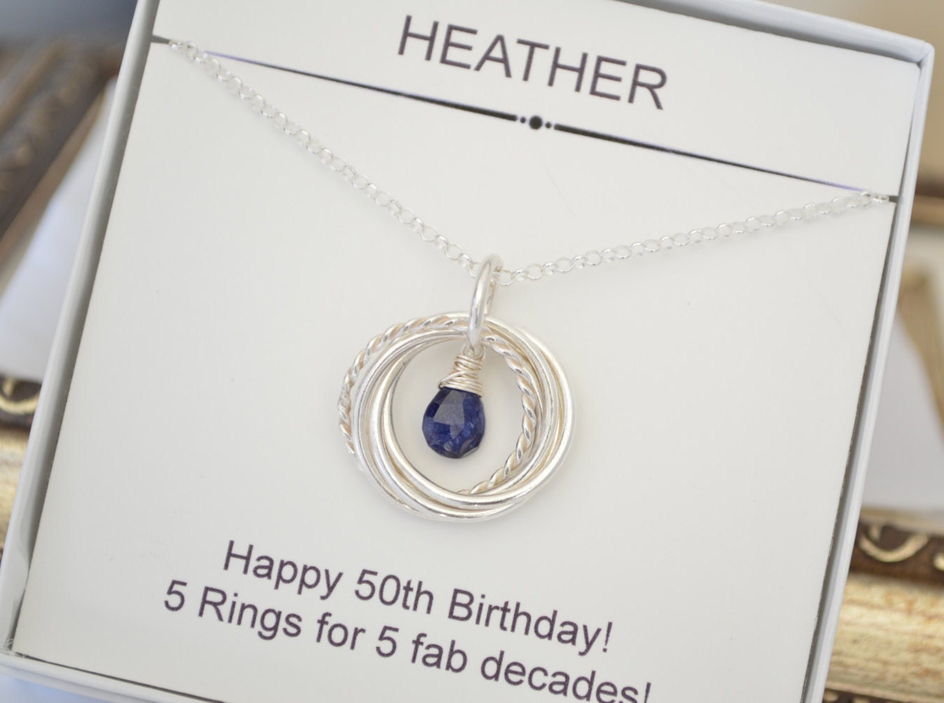 Joyas con piedra de nacimiento de septiembre, collar de zafiro azul, collar de 5 anillos entrelazados, regalo para esposa, regalo de cumpleaños número 50 para mamá, 5 mejores amigos