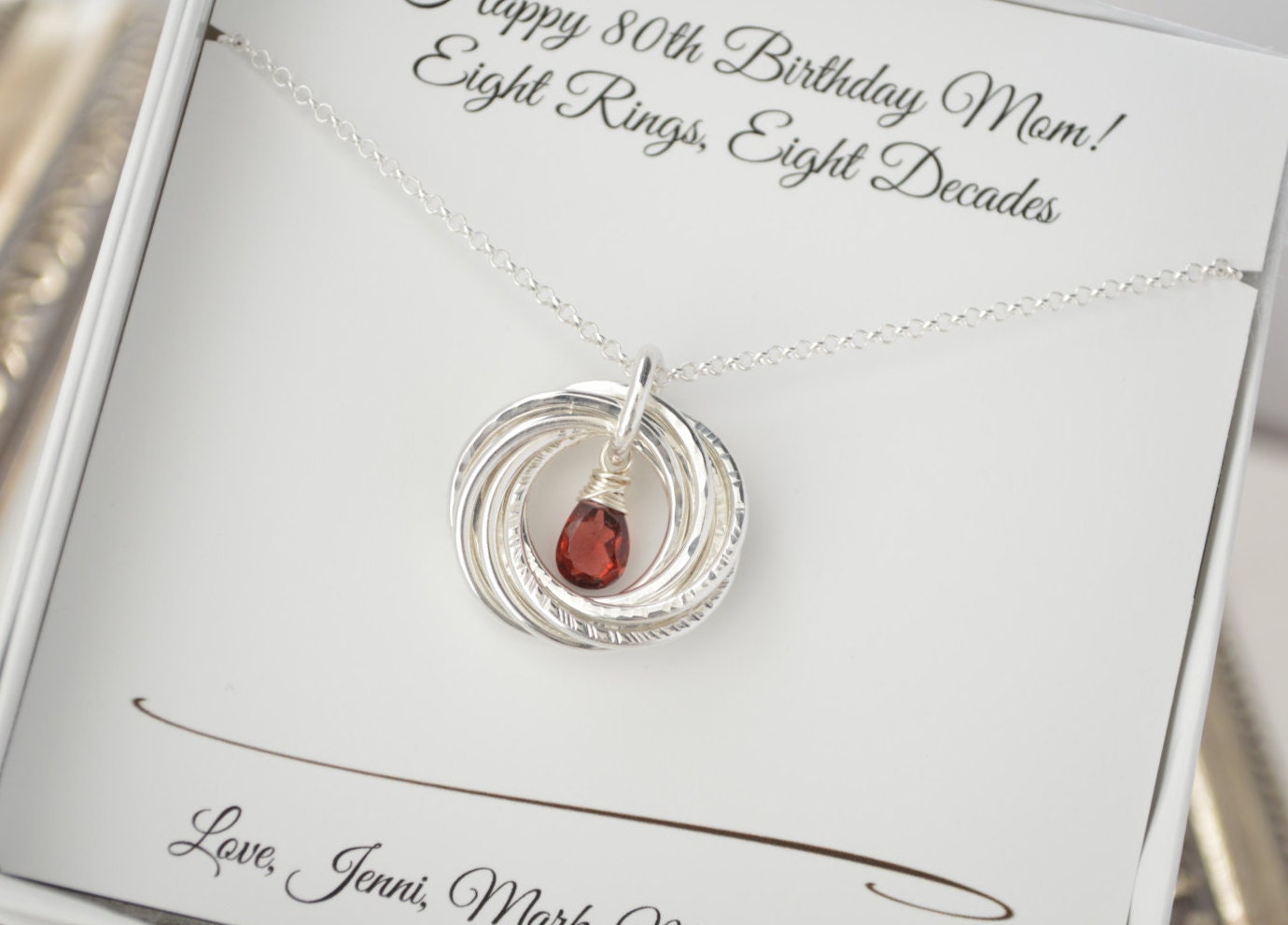 80th Birthday gift for mom, Garnet birthstone necklace, 80th Gifts for women, 8th Anniversary gift, 8 Rings for 8 decades necklace