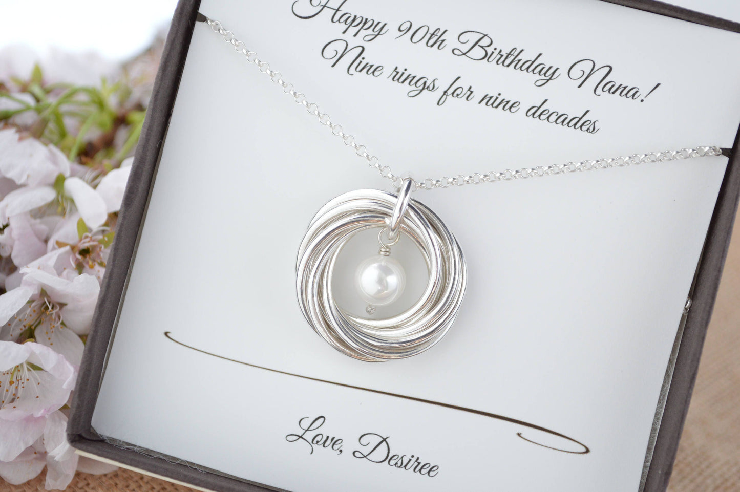 Collar de regalo de 90 cumpleaños para mamá y abuela, collar de 9 anillos, regalo de 9.º aniversario para ella, joyería con piedra de nacimiento de junio, familia de nueve