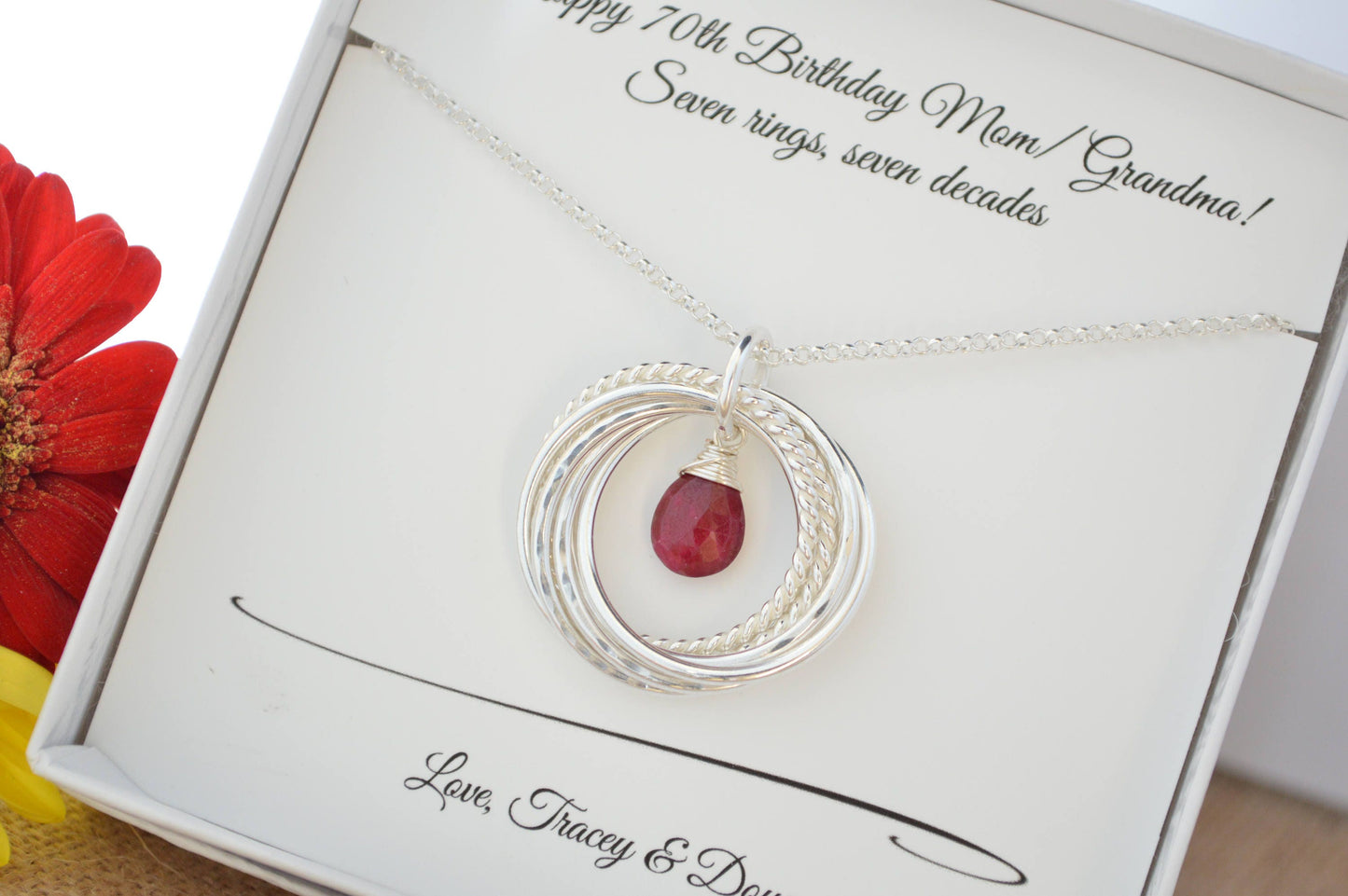 Regalo de 70 cumpleaños para mujeres, 70 cumpleaños para mamá y abuela, regalo de séptimo aniversario para mujeres, collar con piedra de nacimiento de rubí, regalos de hitos, cumpleaños