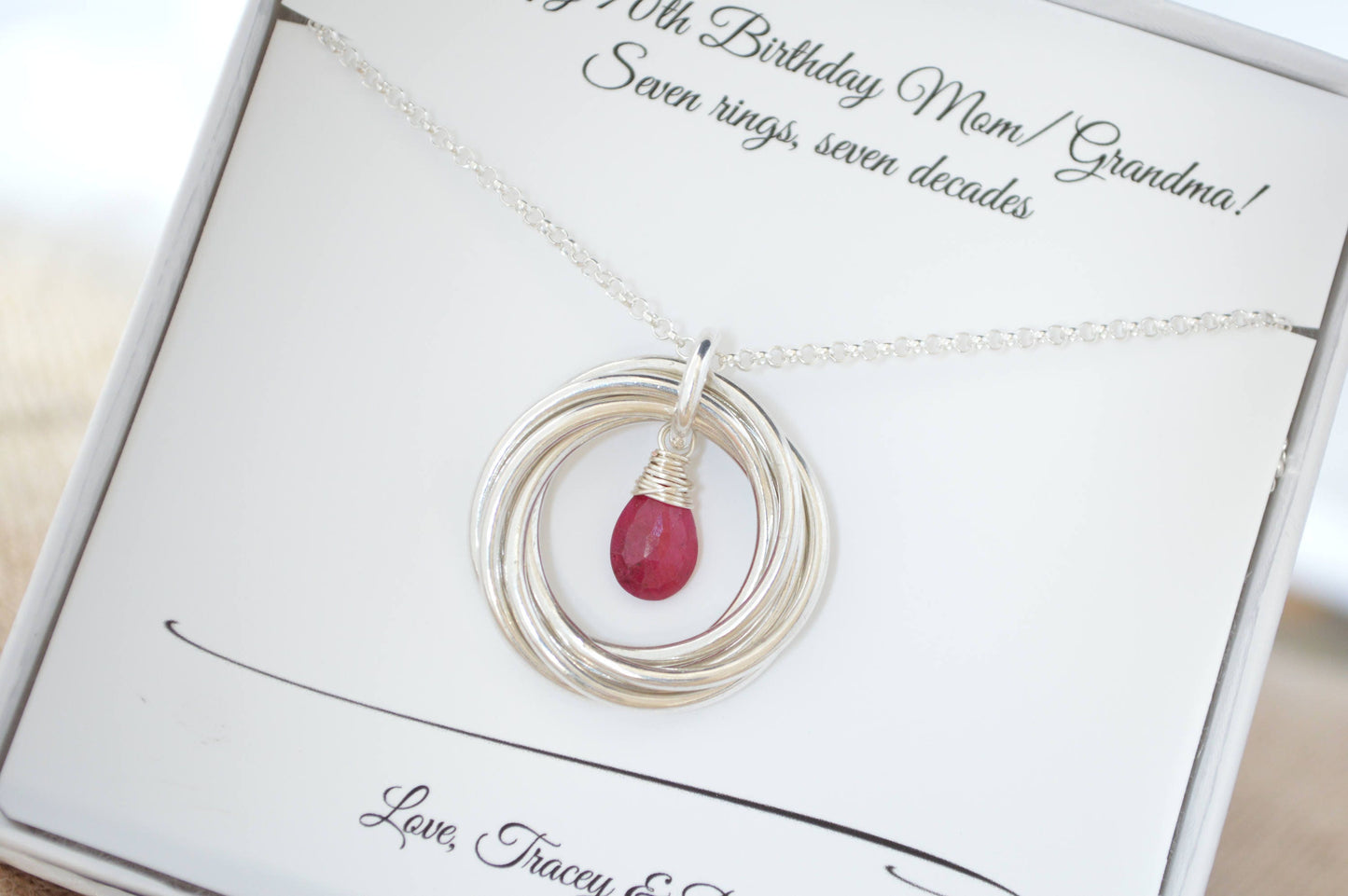 Regalo de 70 cumpleaños para mamá y abuela, 70 cumpleaños para mujeres, joyas con piedra de nacimiento de rubí, collar con piedra de nacimiento de julio, regalo del séptimo aniversario