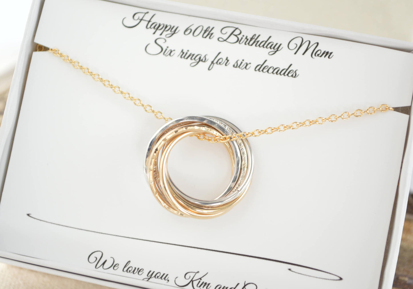 Joyas de 60 cumpleaños para mujeres, regalo de 6.º aniversario para ella, collar de 6 anillos, regalos de 60.º cumpleaños para mamá, joyas de 6 décadas, metal mixto