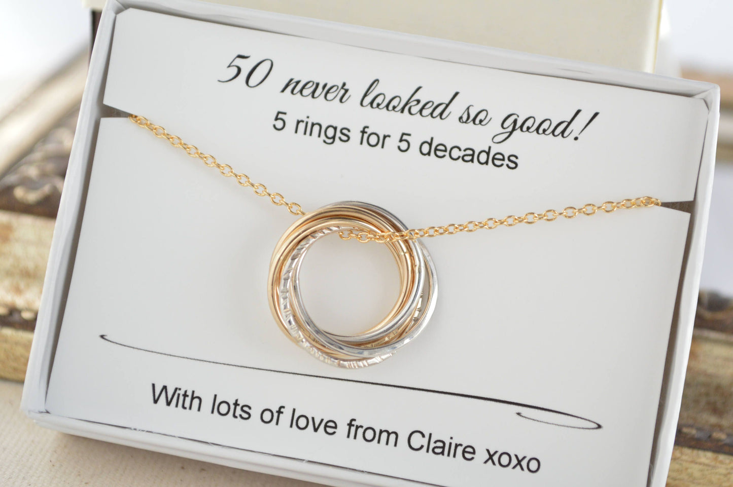 Regalo de 50 cumpleaños para mujeres, collar de 5 anillos, 50 cumpleaños para ella, regalo de 5.º aniversario para esposa, regalos de cumpleaños para mujeres, regalo de hermana