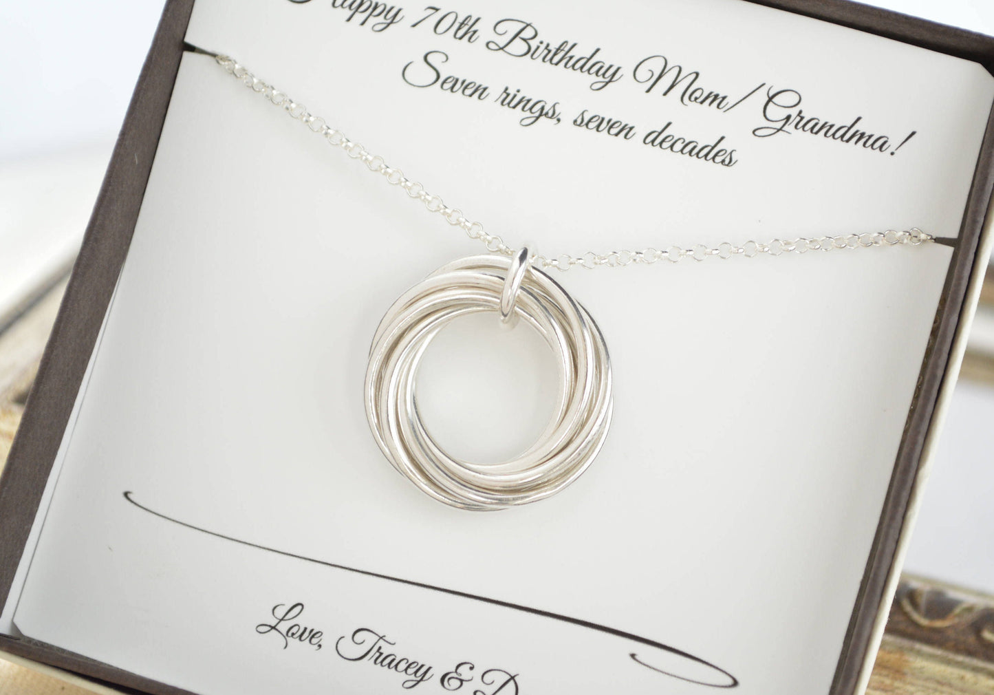 Collar de regalo de 70 cumpleaños para mamá y abuela, regalo de 7.º aniversario para mujeres, collar de abuelas, collar de 7 anillos, regalos de aniversario