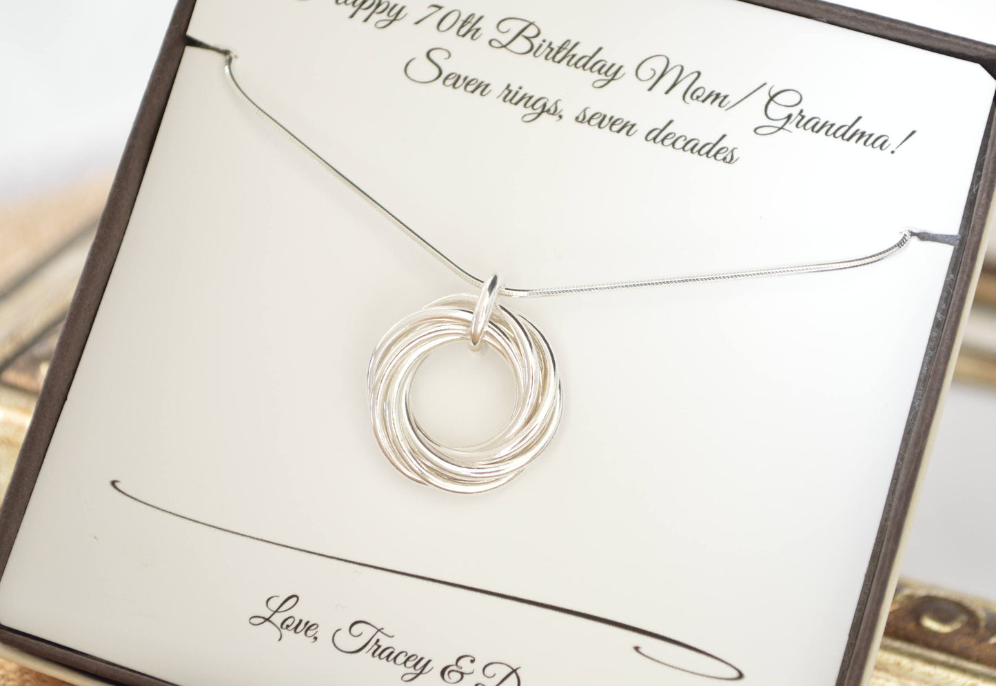 Regalo de 70 cumpleaños para mamá y abuela, regalo de 70 cumpleaños para mujeres, collar de 7 anillos, regalo de séptimo aniversario, regalos para mamá
