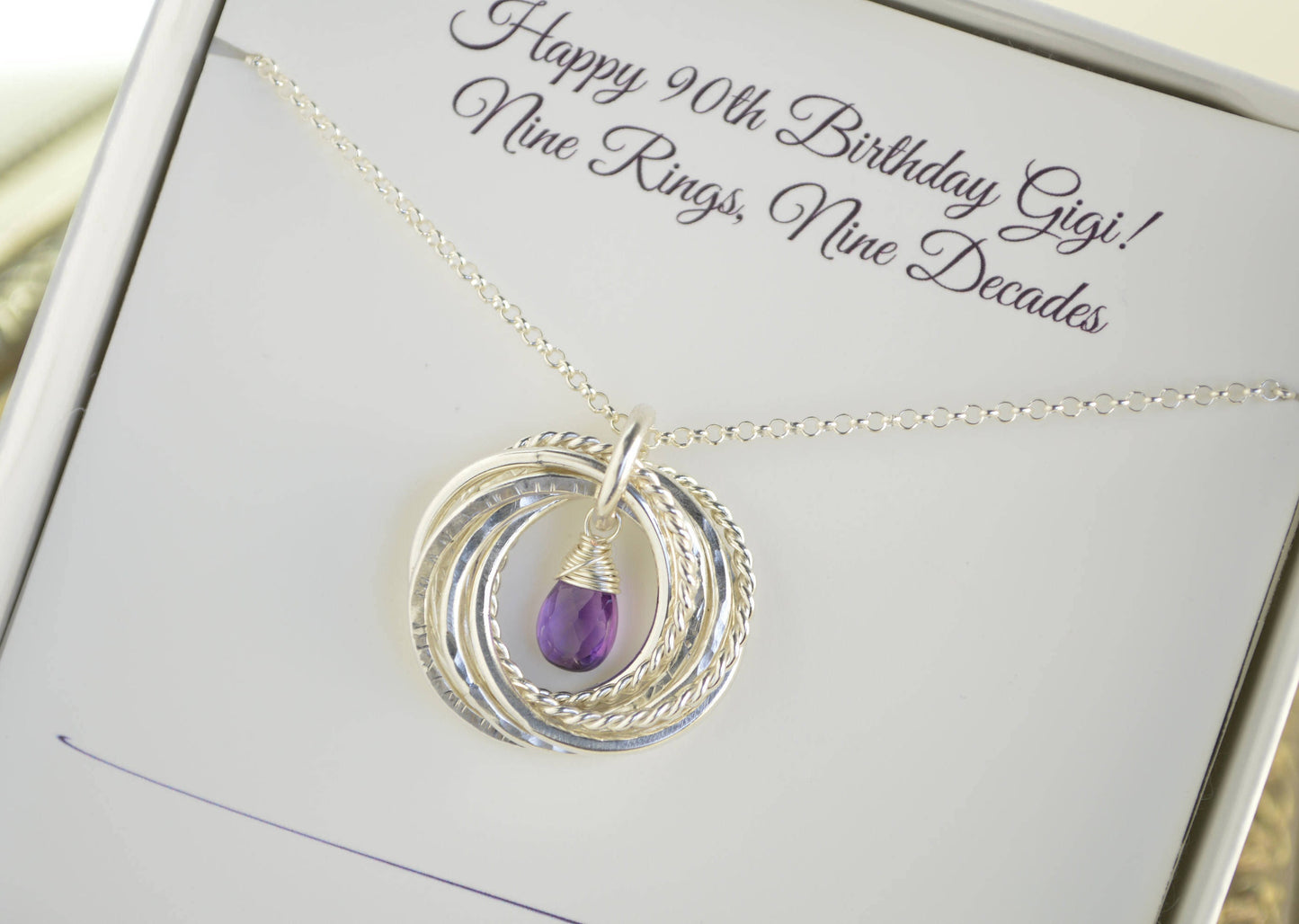 Regalo de 90 cumpleaños para abuela, collar con piedra natal de febrero, regalo del 9.º aniversario, collar de amatista, 90.º cumpleaños para mamá, collar de 9 anillos