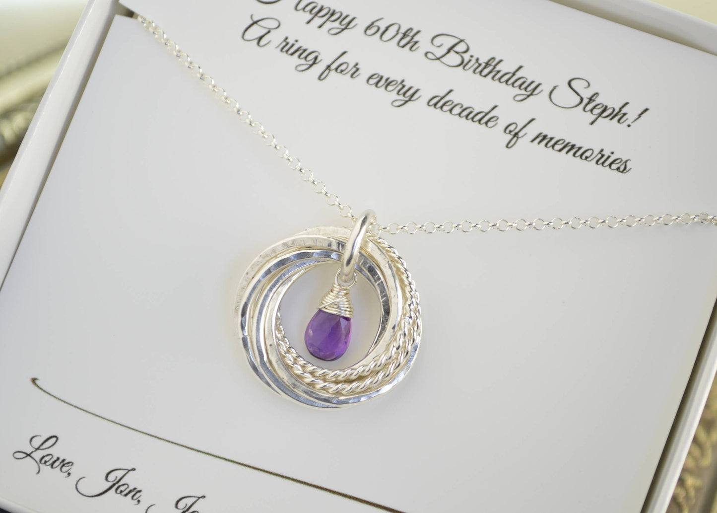 Regalo de 60 cumpleaños para mamá, regalo de 6.º aniversario para esposa, collar con piedra de nacimiento de amatista, collar de 6 anillos, joyas de 60.º cumpleaños para mujeres