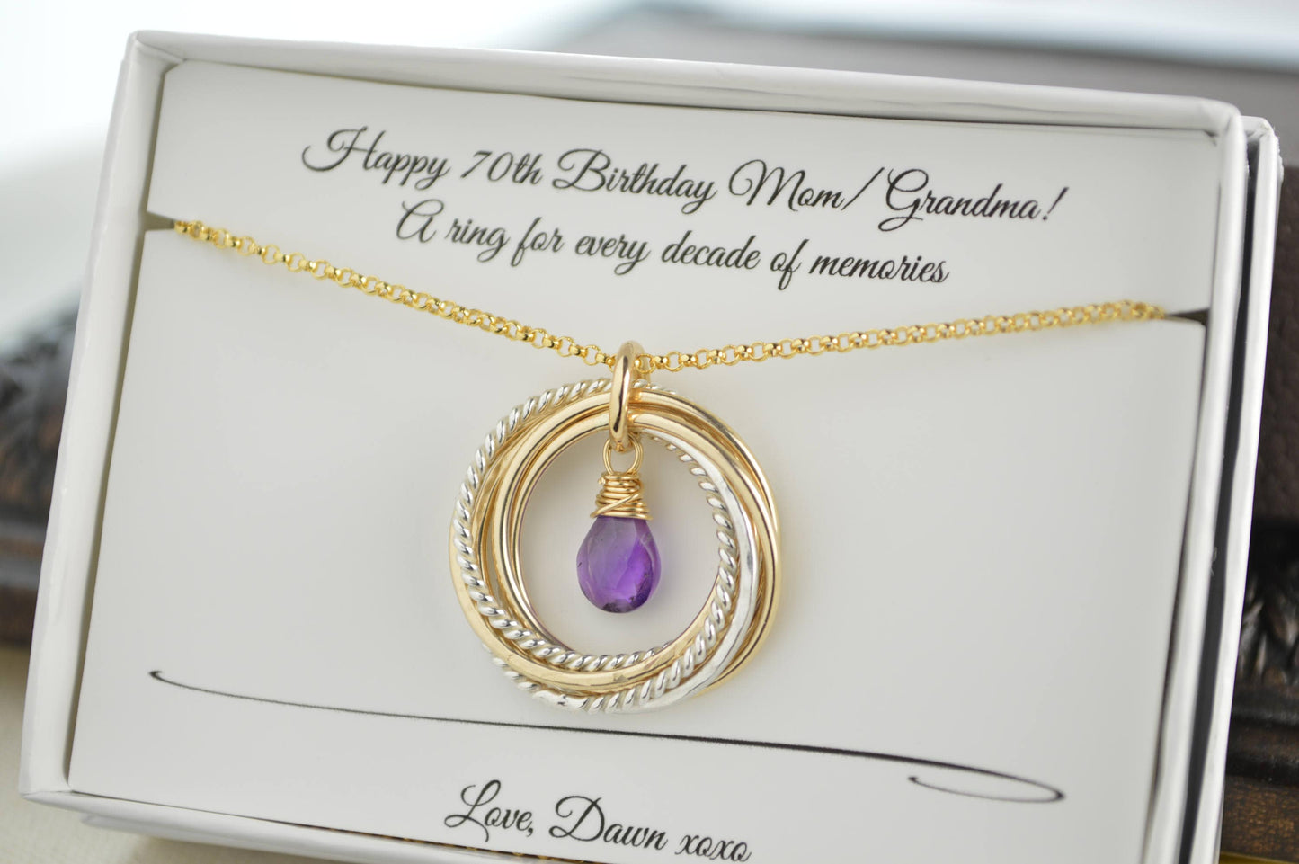 Collar de regalo de 70 cumpleaños para mamá y abuela, collar de 7 anillos, collar con piedra natal de febrero, collar de 7 metales mixtos, séptimo aniversario