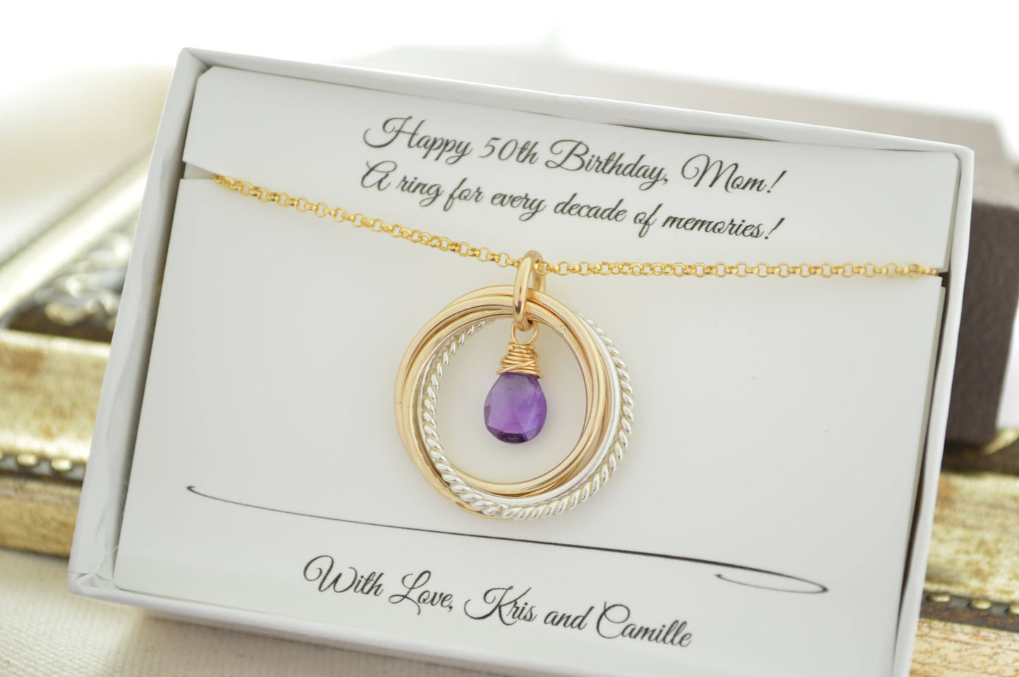 Regalo de 50 cumpleaños para mujeres, collar de 5 anillos de metal mixtos, regalo del quinto aniversario, collar con piedra natal de febrero, joyería con piedra natal de amatista