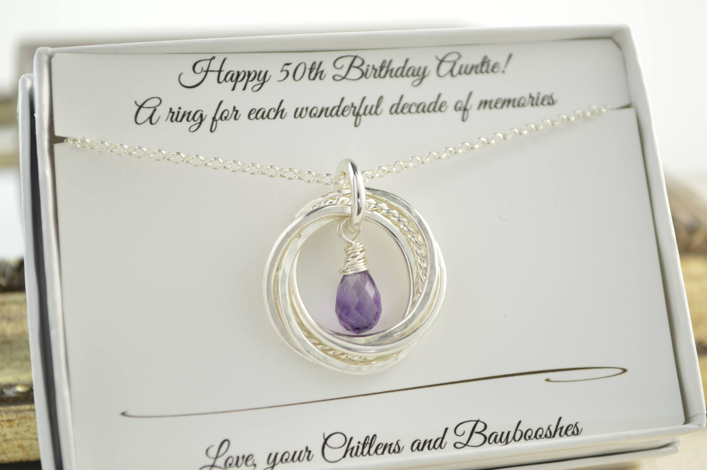Regalo de 50 cumpleaños para mamá, collar de 5 anillos entrelazados, collar de piedra natal de amatista, joyería con piedras preciosas de febrero, regalo para 5 mejores amigos