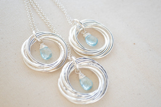 60th Birthday Gift for Mom Necklace, 6th Anniversary Gift for Women, 6 Rings Necklace, Blue topaz jewelry, December birthstone necklace