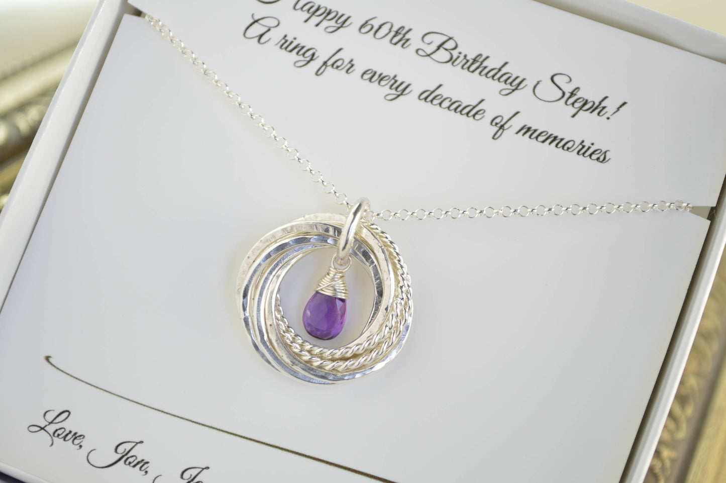 Regalo de 60 cumpleaños para mamá, regalo de 6.º aniversario para esposa, collar con piedra de nacimiento de amatista, collar de 6 anillos, joyas de 60.º cumpleaños para mujeres
