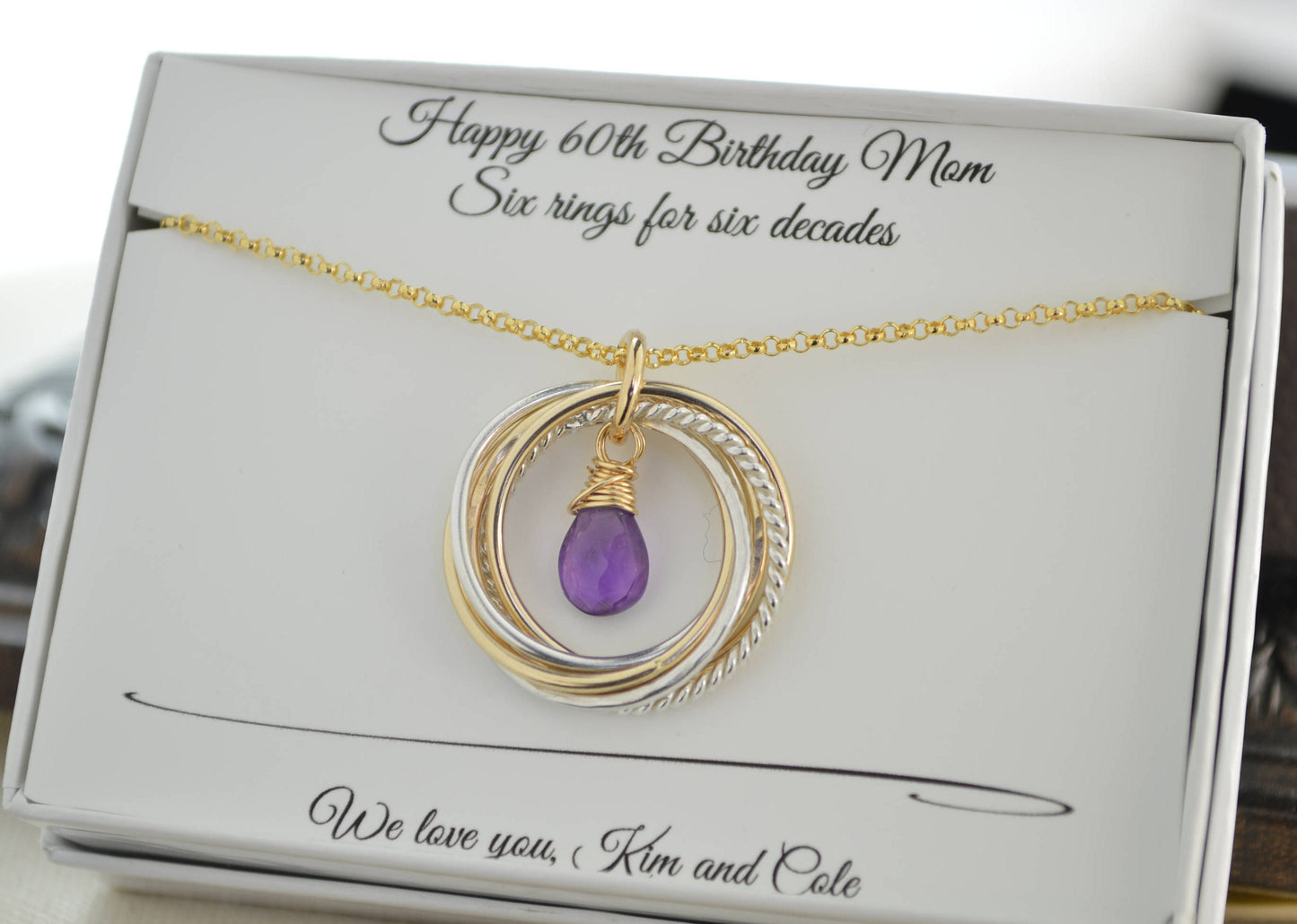 Regalo de 60 cumpleaños para mamá, collar de 6 anillos, collar de 6 metales mixtos, sexto aniversario para mujeres, collar con piedra de nacimiento de febrero, amatista