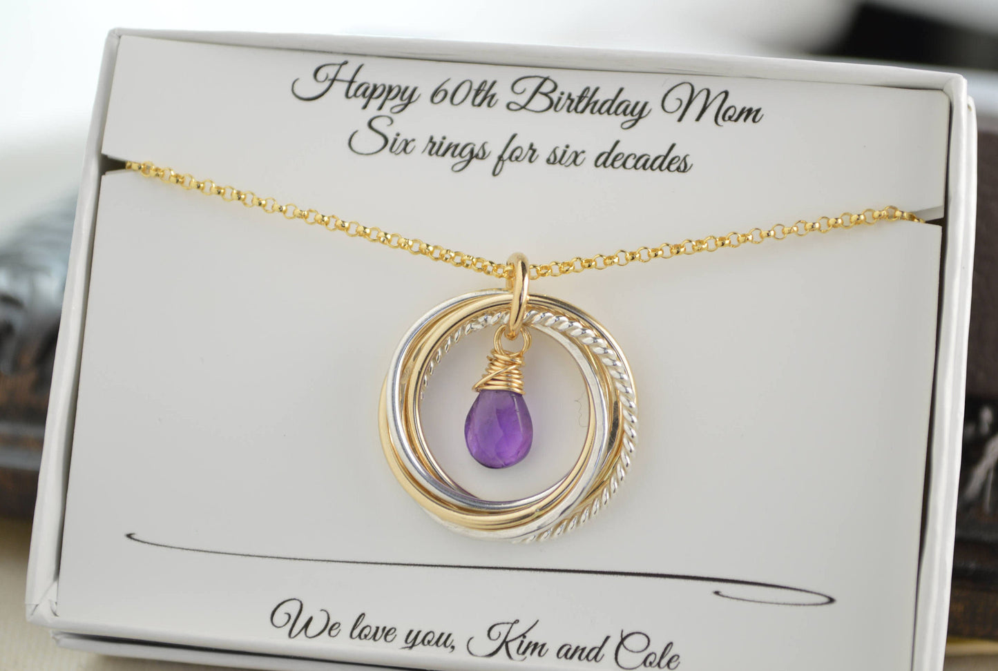 Regalo de 60 cumpleaños para mamá, collar de 6 anillos, collar de 6 metales mixtos, sexto aniversario para mujeres, collar con piedra de nacimiento de febrero, amatista