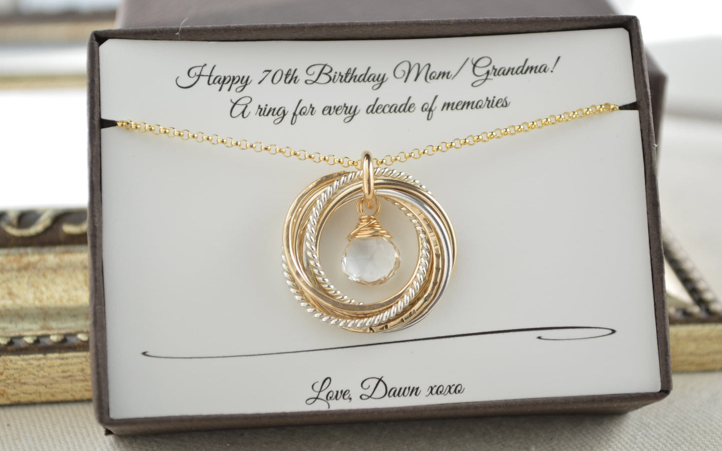 Regalo de 70 cumpleaños para mamá: collar de 7 anillos, joyería con piedra natal de abril, collar de 70 cumpleaños para mujer, regalo de séptimo aniversario para esposa
