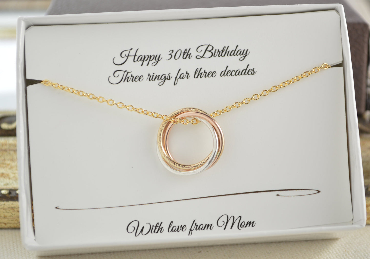 Regalo de cumpleaños número 30 para hija, collar de 3 hermanas, collar de oro rosa, collar pequeño, collar de 3 metales, collares de 3 anillos para 3 décadas