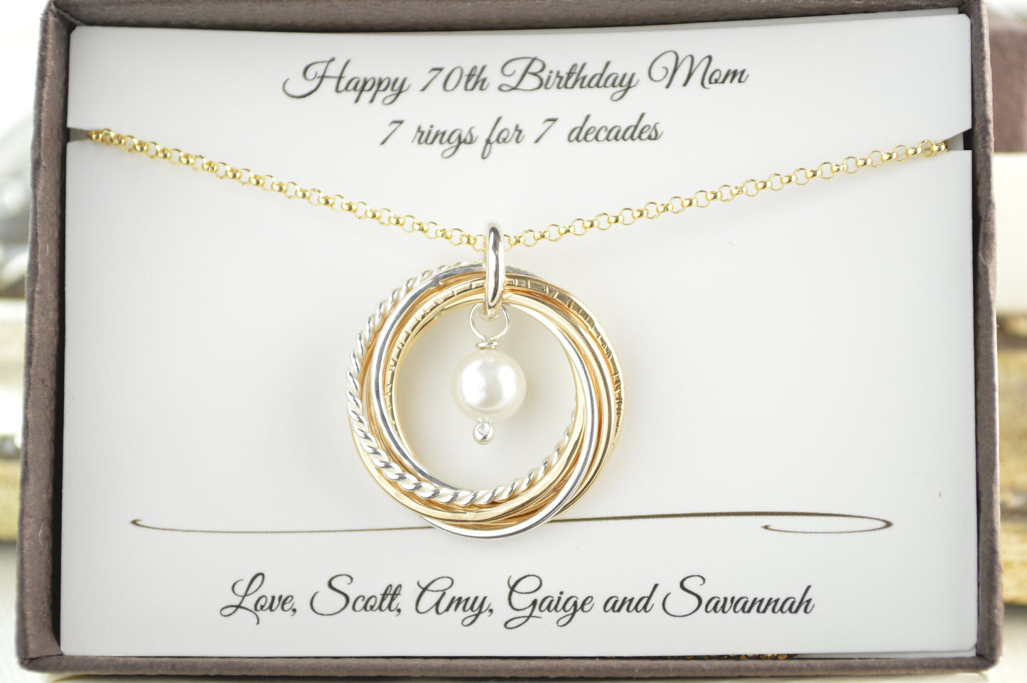Regalo de 70 cumpleaños para mamá, regalo de 7 aniversario, collar de 7 metales mixtos, collar con piedra natal de junio, collar de perlas de oro, collar con piedra natal