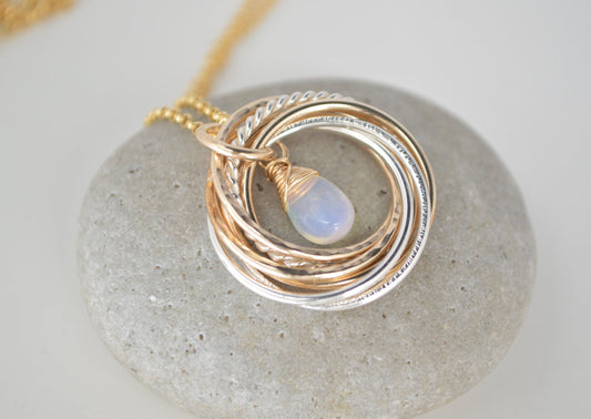 70 Birthday jewelry for mom, Birthstone jewelry, Mixed metal necklace, 70 Decades necklace, 7 Rings for 7 decades gift, 70th Birthday gift