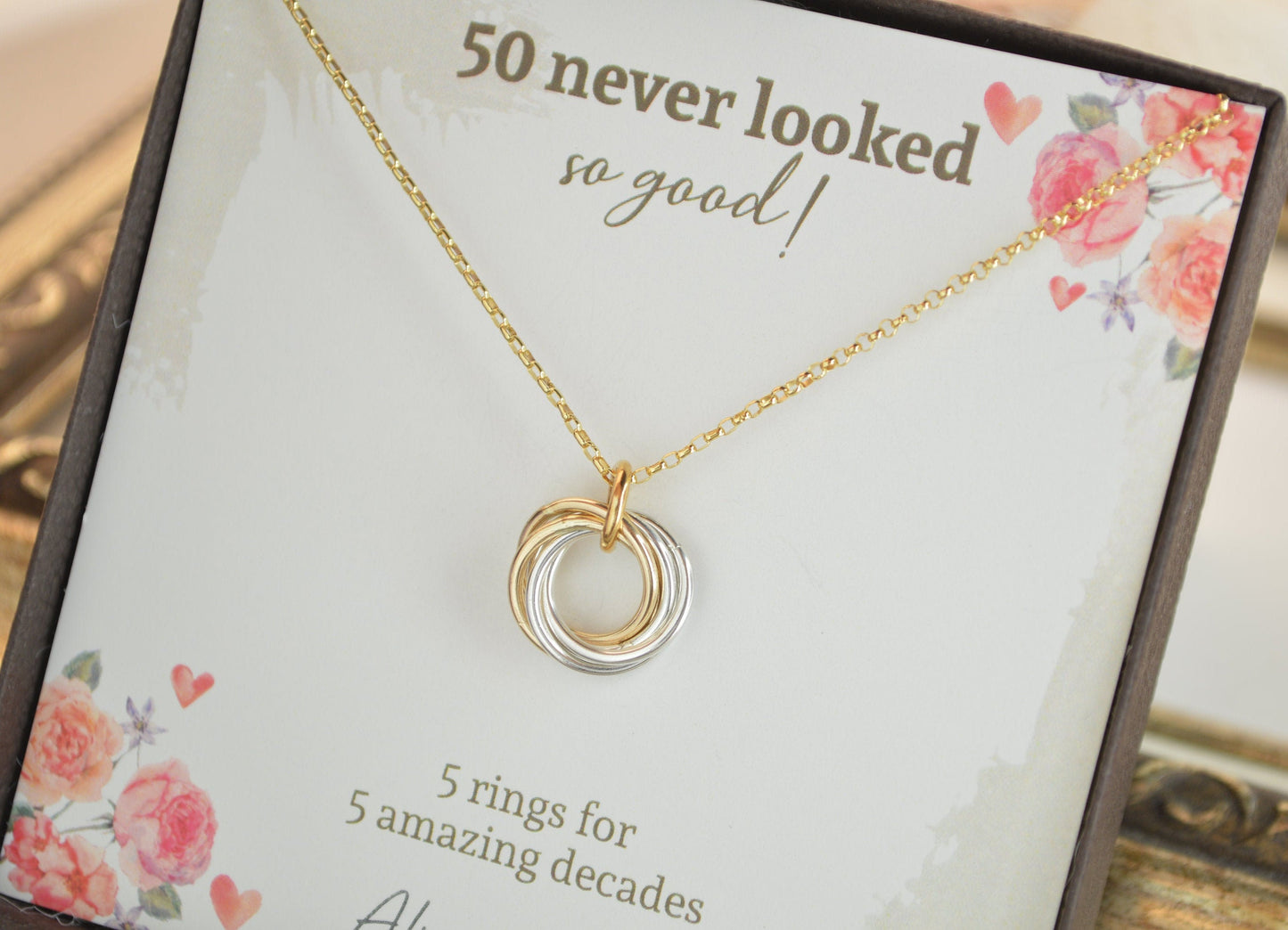 Joyas de regalo de 50 cumpleaños para mujer, Joyas de metales mixtos, Joyas de 50 cumpleaños, Regalo de 50 cumpleaños para mamá, Collar pequeño, 50 años
