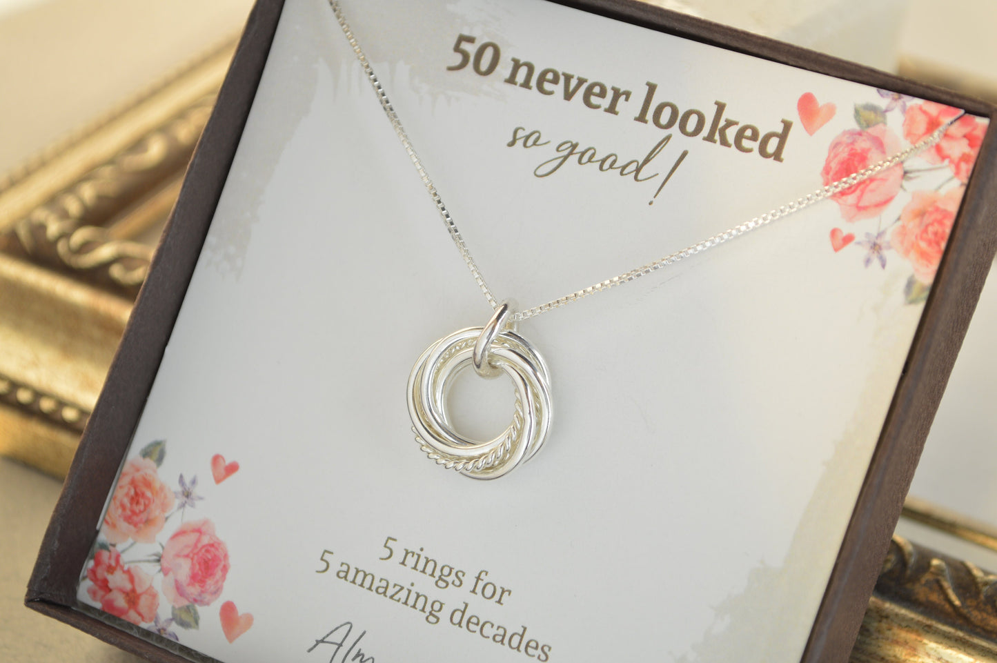 Collar de 50 cumpleaños, collar de 5 décadas, anillos de plata esterlina, regalos de 50 cumpleaños para mujeres, joyas pequeñas, regalo de cumpleaños para ella