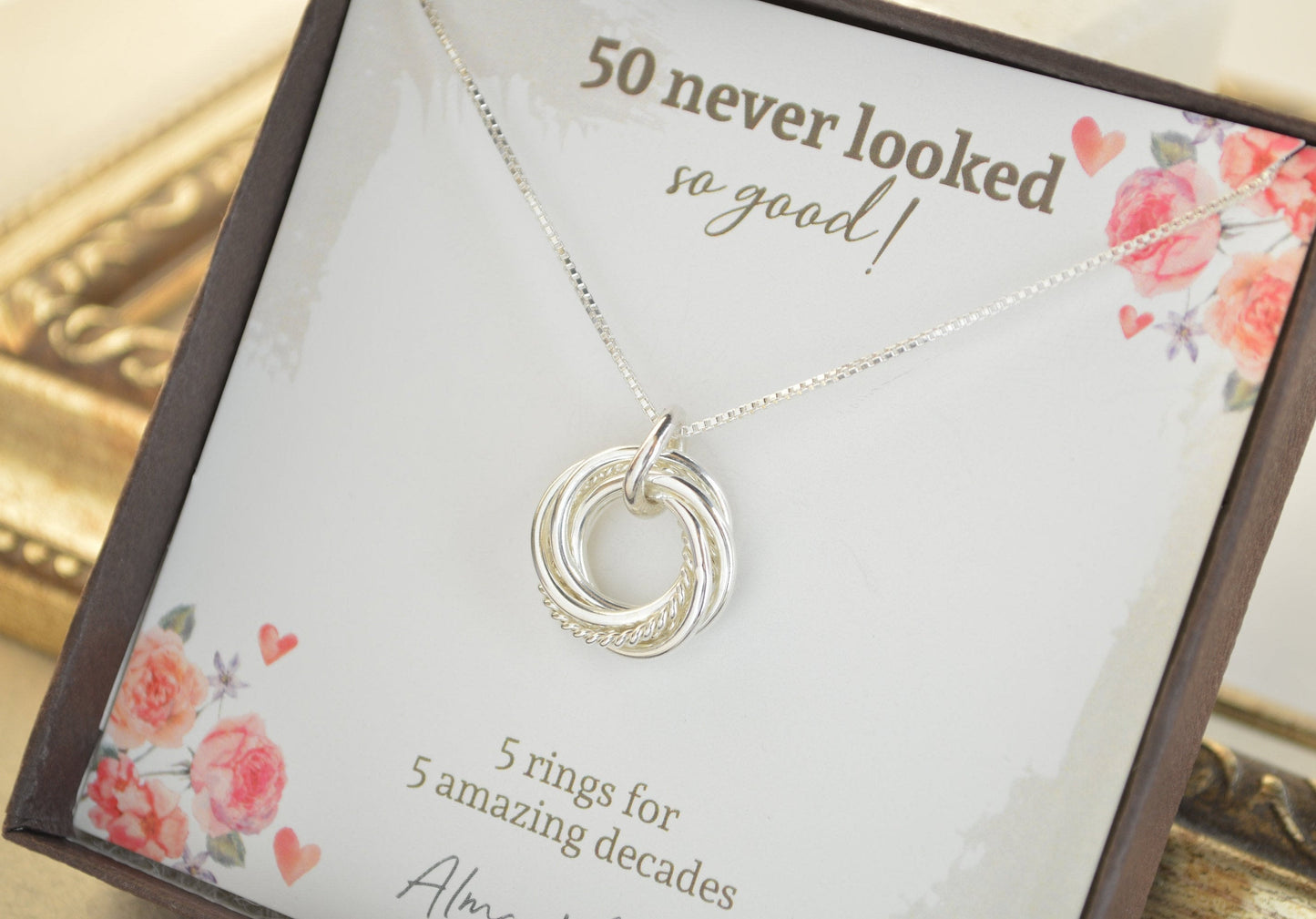 Collar de 50 cumpleaños, collar de 5 décadas, anillos de plata esterlina, regalos de 50 cumpleaños para mujeres, joyas pequeñas, regalo de cumpleaños para ella