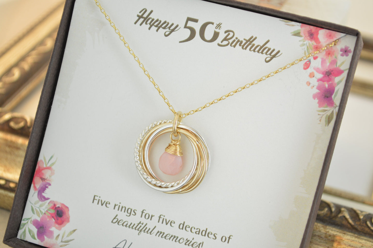 Joyas de 50 cumpleaños para mujeres, collar de 5 décadas, collar de 50 cumpleaños, regalos de 50 cumpleaños para mamá, collar de 5 anillos, cuello de ópalo rosa