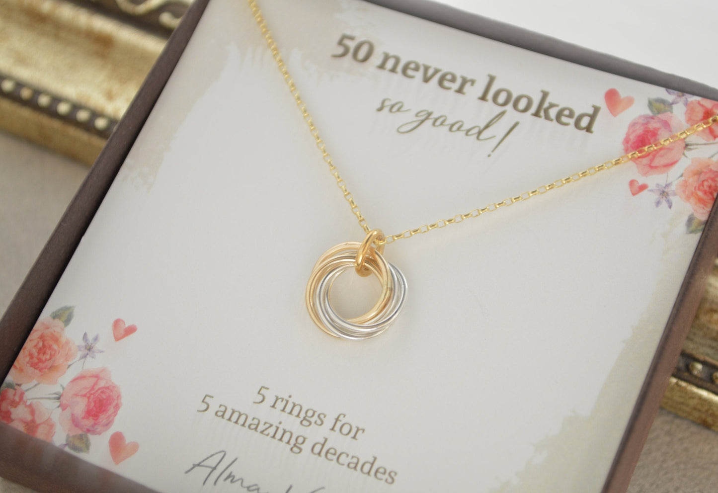 Joyas de regalo de 50 cumpleaños para mujer, Joyas de metales mixtos, Joyas de 50 cumpleaños, Regalo de 50 cumpleaños para mamá, Collar pequeño, 50 años