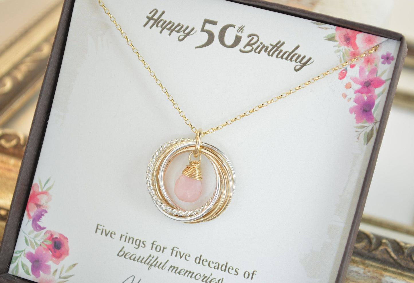 Joyas de 50 cumpleaños para mujeres, collar de 5 décadas, collar de 50 cumpleaños, regalos de 50 cumpleaños para mamá, collar de 5 anillos, cuello de ópalo rosa