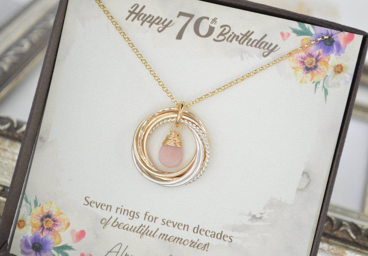 Joyas de 70 cumpleaños para mamá, joyas con piedras de nacimiento, collar de metal mixto, collar de 70 décadas, regalo de 7 anillos para 7 décadas, regalo de 70 cumpleaños
