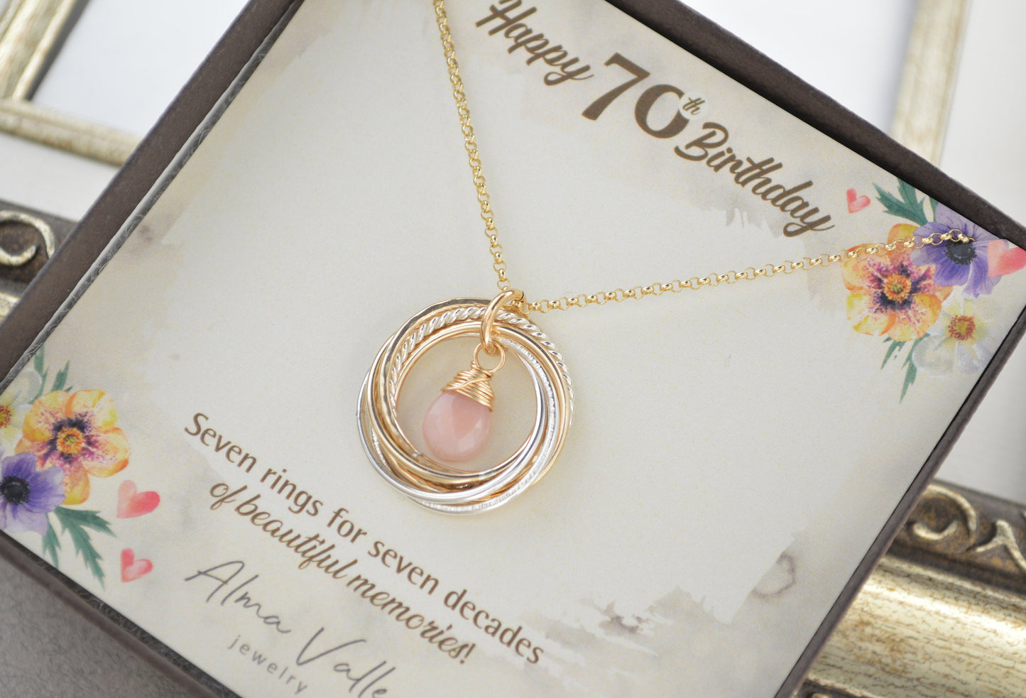 Joyas de 70 cumpleaños para mamá, joyas con piedras de nacimiento, collar de metal mixto, collar de 70 décadas, regalo de 7 anillos para 7 décadas, regalo de 70 cumpleaños