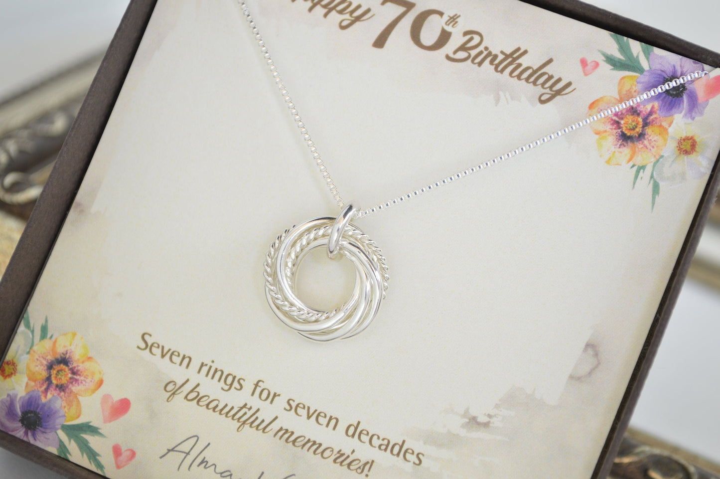 Regalo de 70 cumpleaños para mamá, collar de 7 anillos, joyas de 70 cumpleaños, regalo de 70 cumpleaños para mujeres, collar de 70 cumpleaños, collar delicado