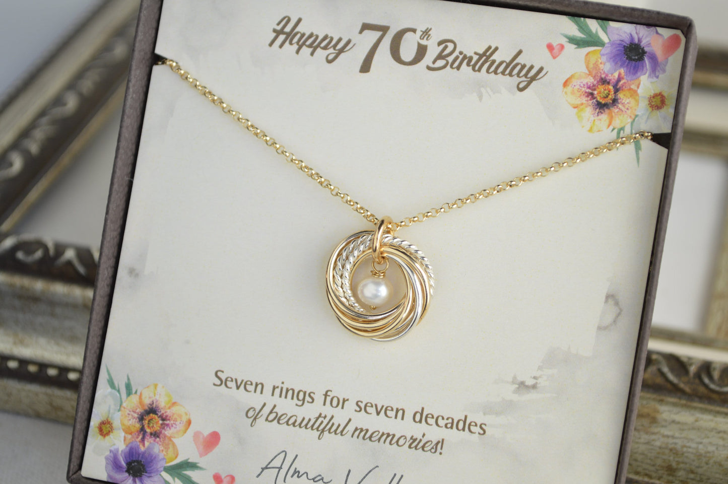 Regalo de 70 cumpleaños para mamá, regalo de 7.º aniversario para esposa, regalo de 70.º cumpleaños para mujeres, collar de metal mixto, collar de piedras preciosas, cuello pequeño