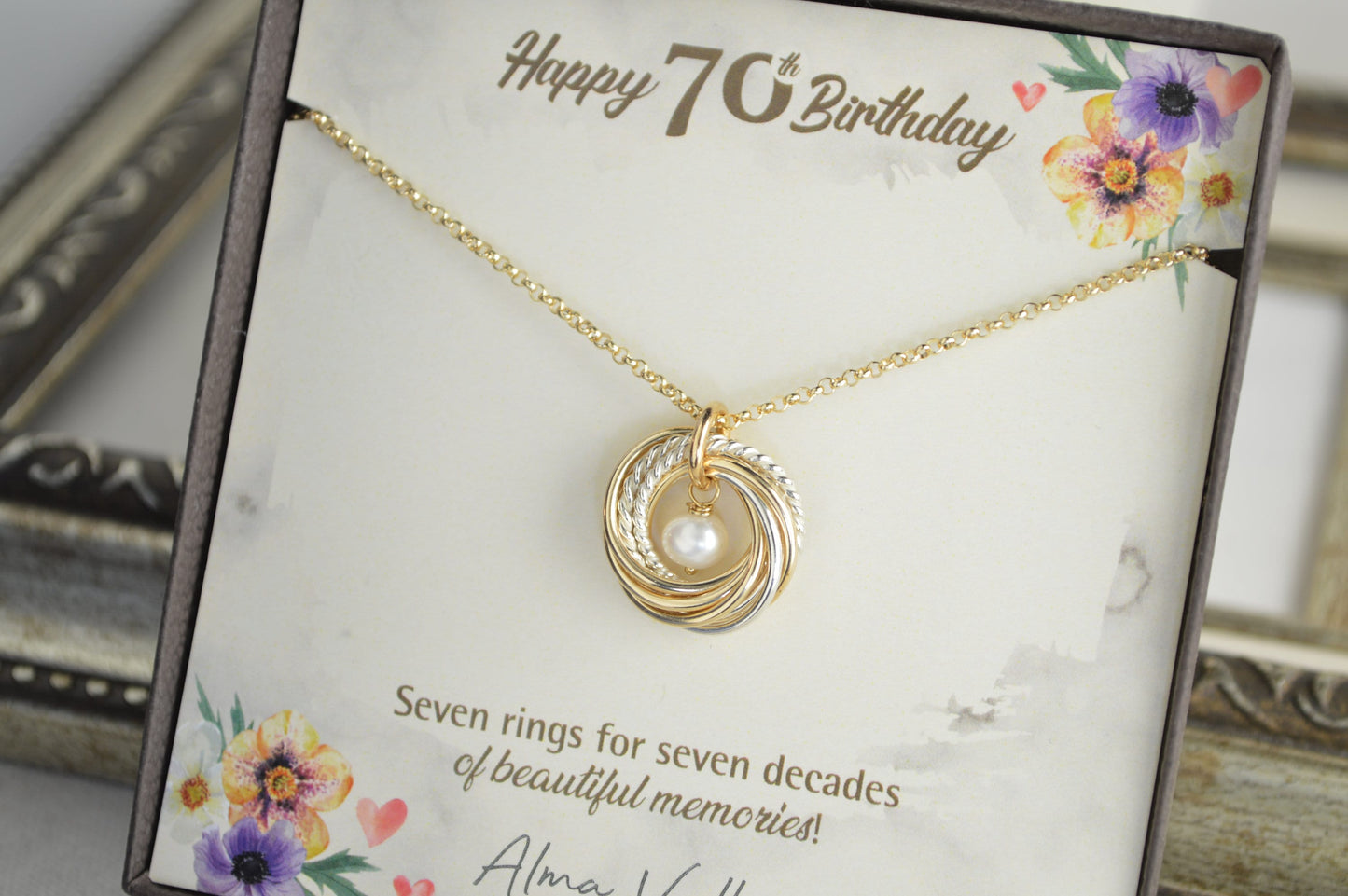 Regalo de 70 cumpleaños para mamá, regalo de 7.º aniversario para esposa, regalo de 70.º cumpleaños para mujeres, collar de metal mixto, collar de piedras preciosas, cuello pequeño