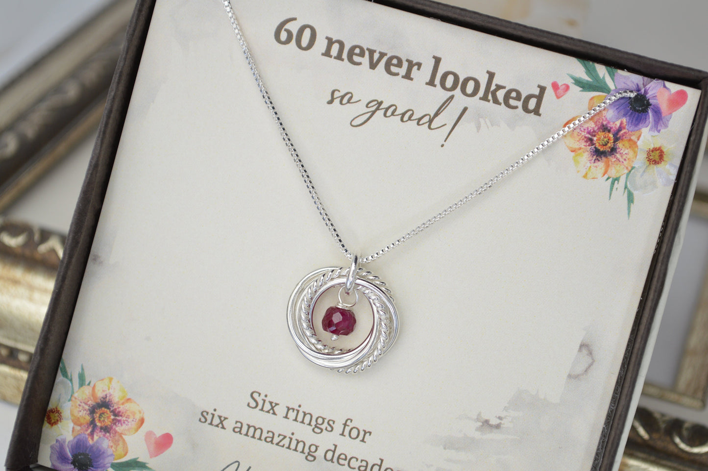 Joyas de 60 cumpleaños para mujer, collar de 6 décadas, 6 anillos por 6 décadas, regalo de 60 cumpleaños para mamá, collar delicado, collar de perlas