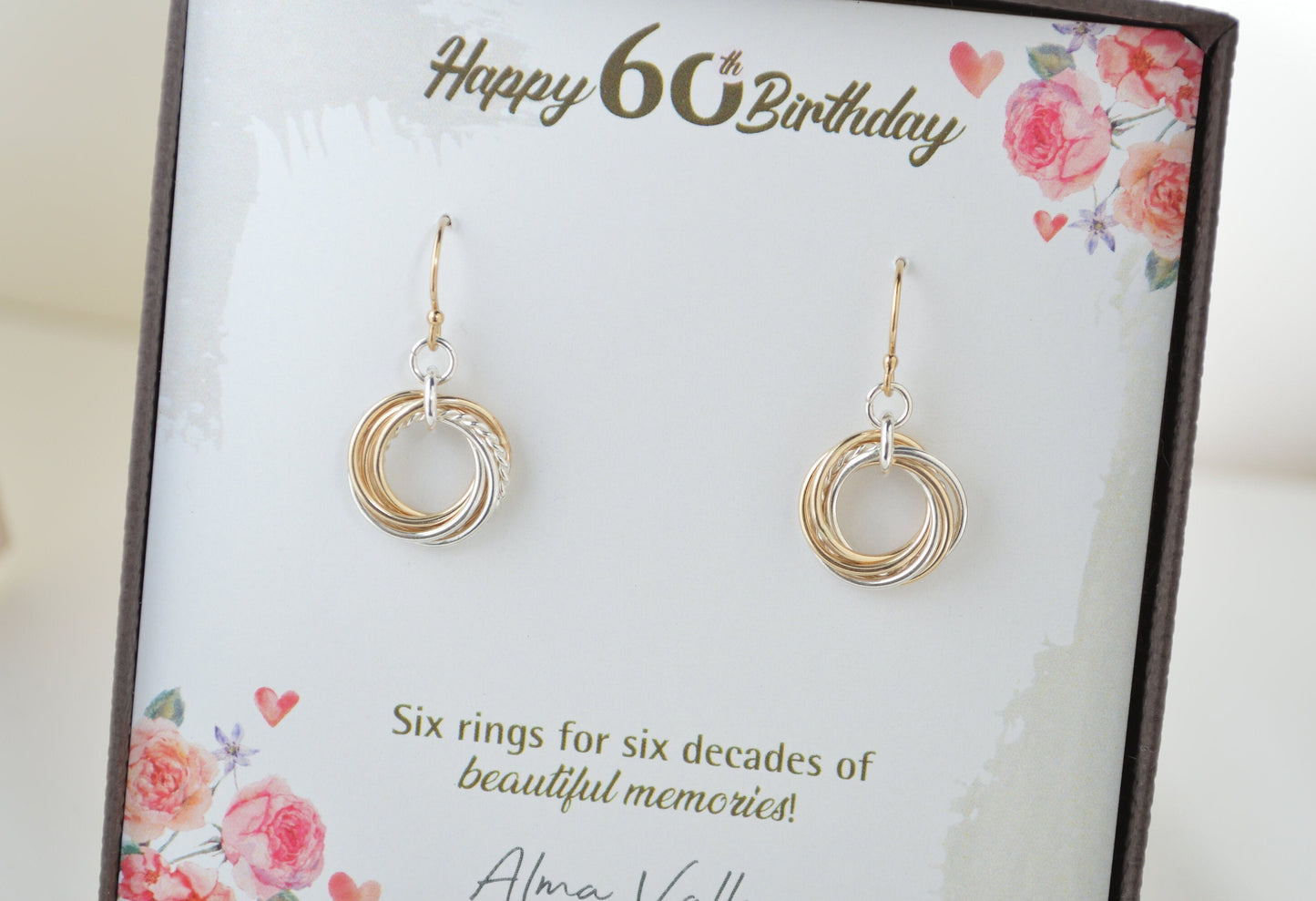 Regalo de 60 cumpleaños para mujeres, pendientes de 6 anillos, pendientes de metal mixto, regalo de 6.º aniversario, joyas de 60.º cumpleaños para mamá, regalo de 6 décadas