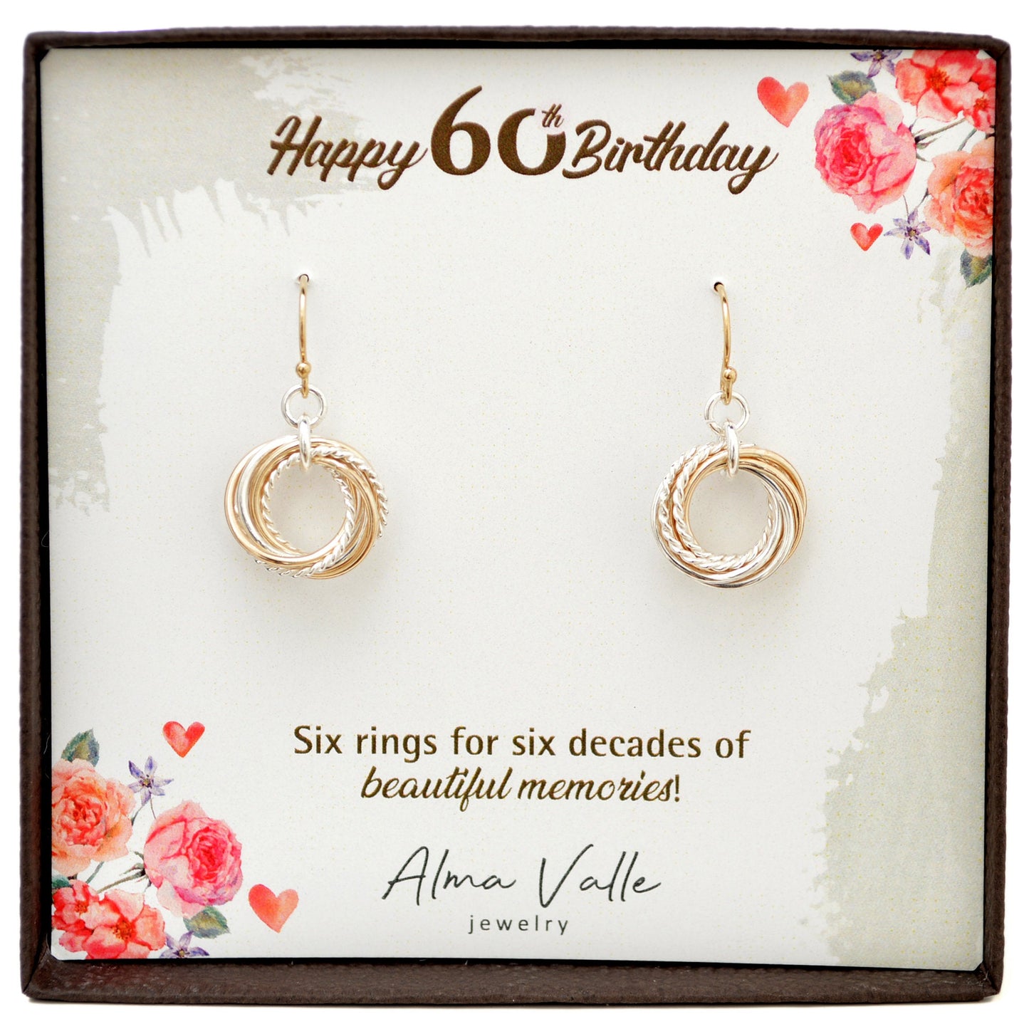 Regalo de 60 cumpleaños para mujeres, pendientes de 6 anillos, pendientes de metal mixto, regalo de 6.º aniversario, joyas de 60.º cumpleaños para mamá, regalo de 6 décadas