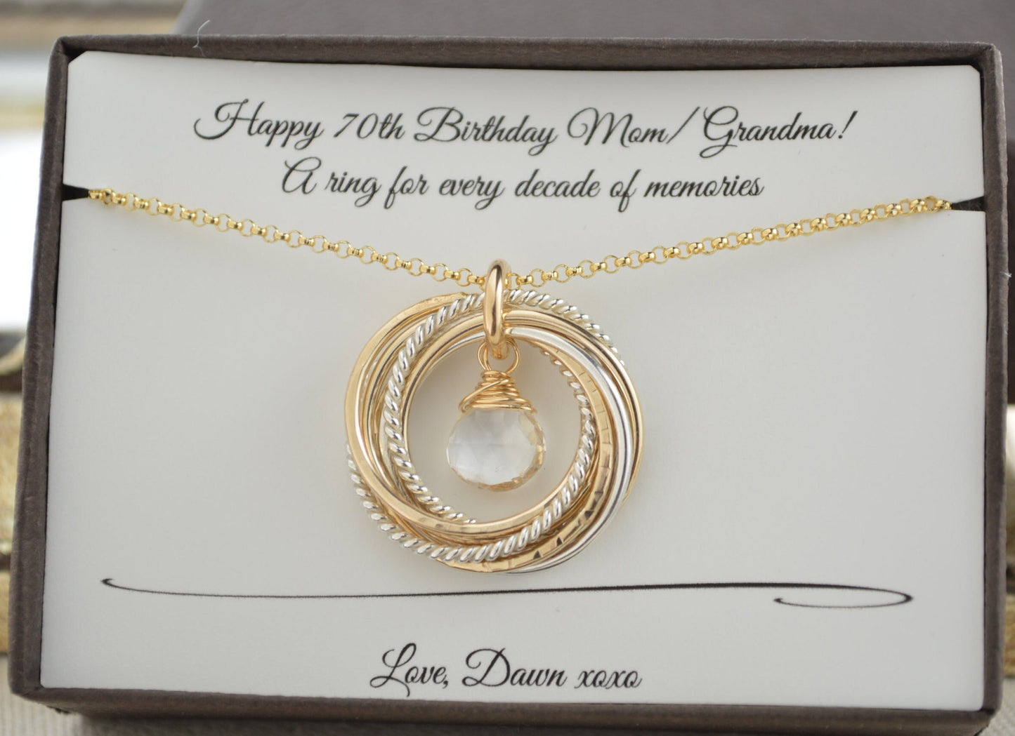 Regalo de 70 cumpleaños para mamá: collar de 7 anillos, joyería con piedra natal de abril, collar de 70 cumpleaños para mujer, regalo de séptimo aniversario para esposa