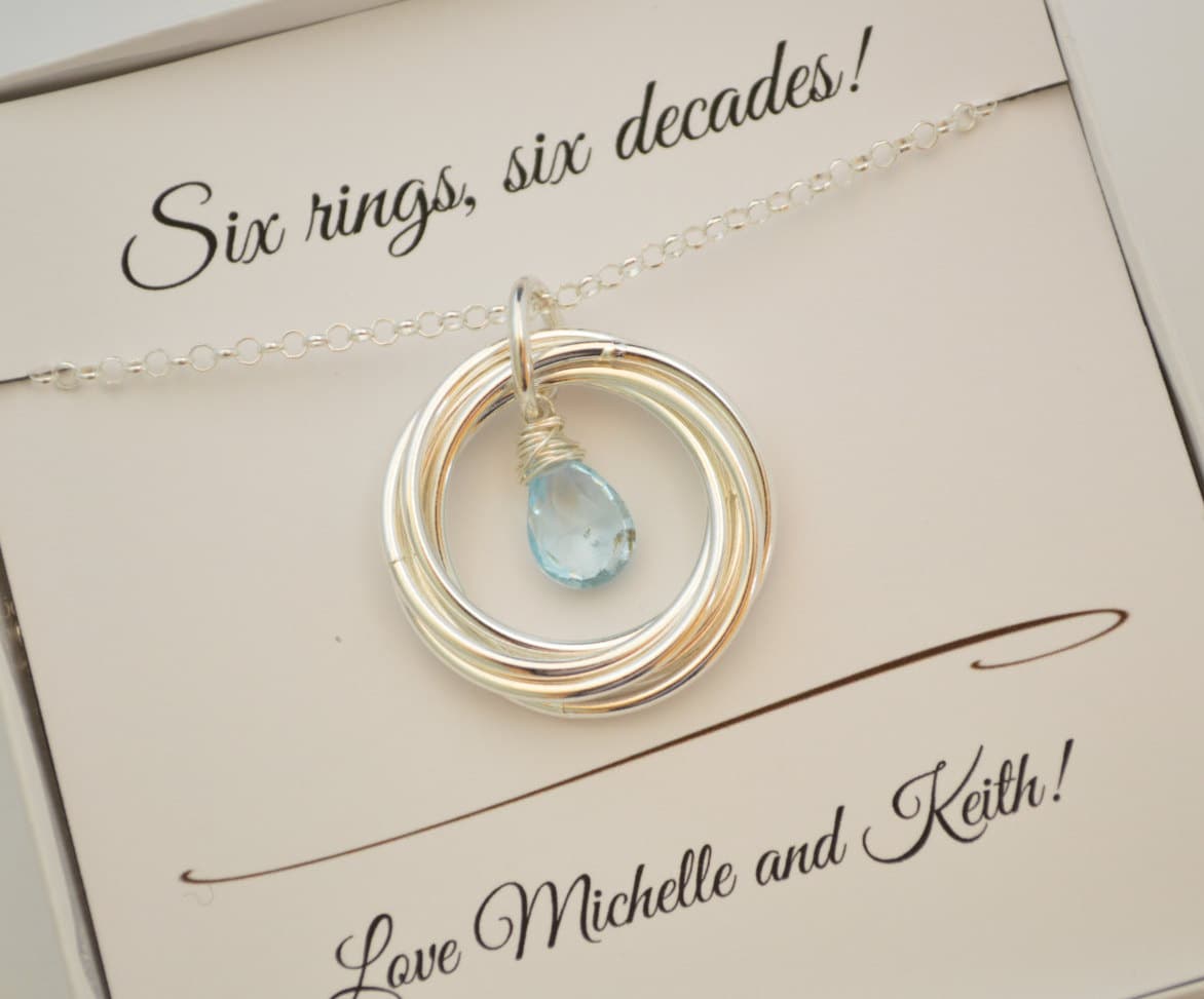Collar de regalo de 60 cumpleaños para mamá, regalo de 6.º aniversario para mujeres, collar de 6 anillos, joyería de topacio azul, collar con piedra de nacimiento de diciembre