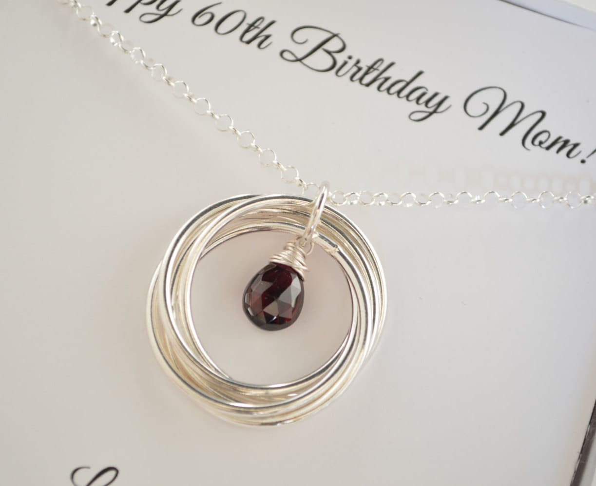 Regalo de 60 cumpleaños para mujeres, collar de 6 anillos, regalo de 6.º aniversario para ella, joyería con piedra natal de enero, collar de granate, 60.º aniversario para mamá