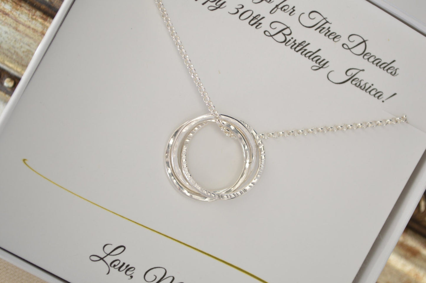 Regalo de cumpleaños número 30 para hija, collares de 3 hermanas, collar de 3 anillos por 3 décadas, joyas de cumpleaños número 30, regalo de tercer aniversario, hito