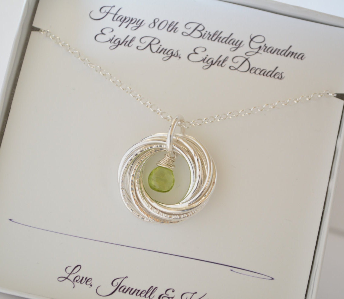 80th Birthday gift for women, Peridot necklace, 8th Anniversary gift, 8 Rings for 8 decades necklace, 80th Birthday jewelry, Milestone gifts