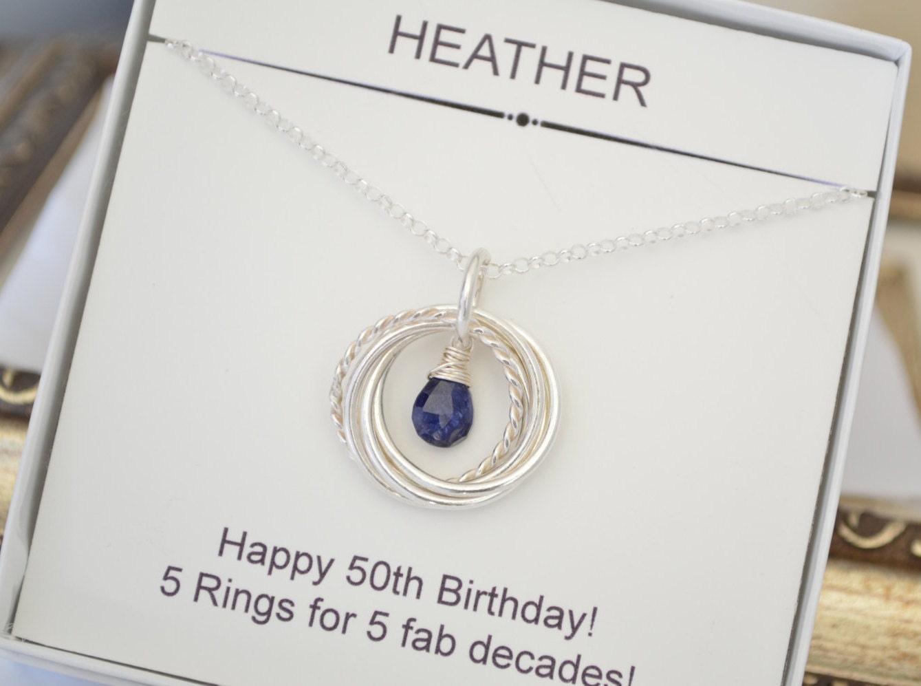 September birthstone jewelry, Blue sapphire necklace, 5 Interlocking rings necklace,Gift for wife,50th Birthday gift for mom,5 best friends