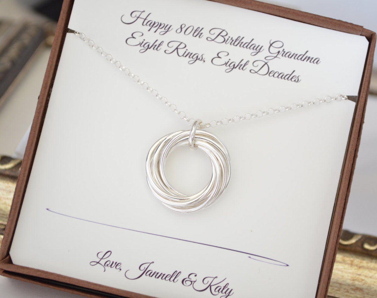 80th Birthday jewelry, 80th Birthday gift for women, 8 Rings for 8 decades necklace, 8th Anniversary gift, 80th Birthday gift for grandma