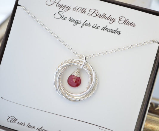 Birthday gift for mom, 60th Birthday gift for mom, 6 Rings 6 Decades, Birthstone necklace, Ruby birthstone necklace, 6th Anniversary gift,