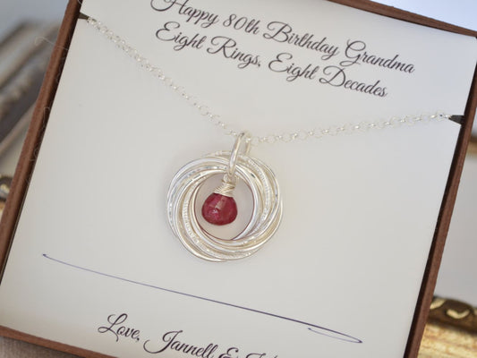 80th Birthday gift for grandma, 8th Anniversary gift, 80th Birthday jewelry for mom,  July birthstone jewelry, 8 Rings for 8 decades