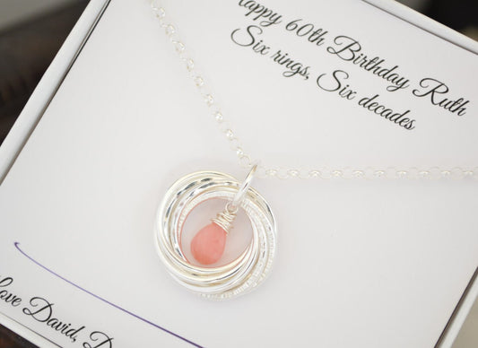 Pink opal necklace, October birthstone necklace, 60th Birthday gift for mom, 6th Anniversary gift, 60th Birthday jewelry for mother, 6 Rings