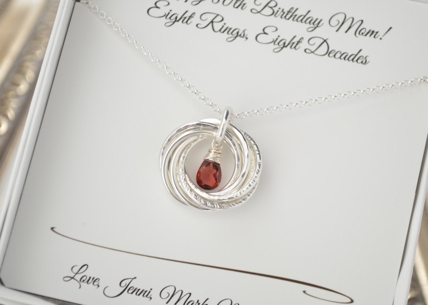 80th Birthday gift for mom,  Garnet birthstone necklace, 80th Gifts for women, 8th Anniversary gift, 8 Rings for 8 decades necklace