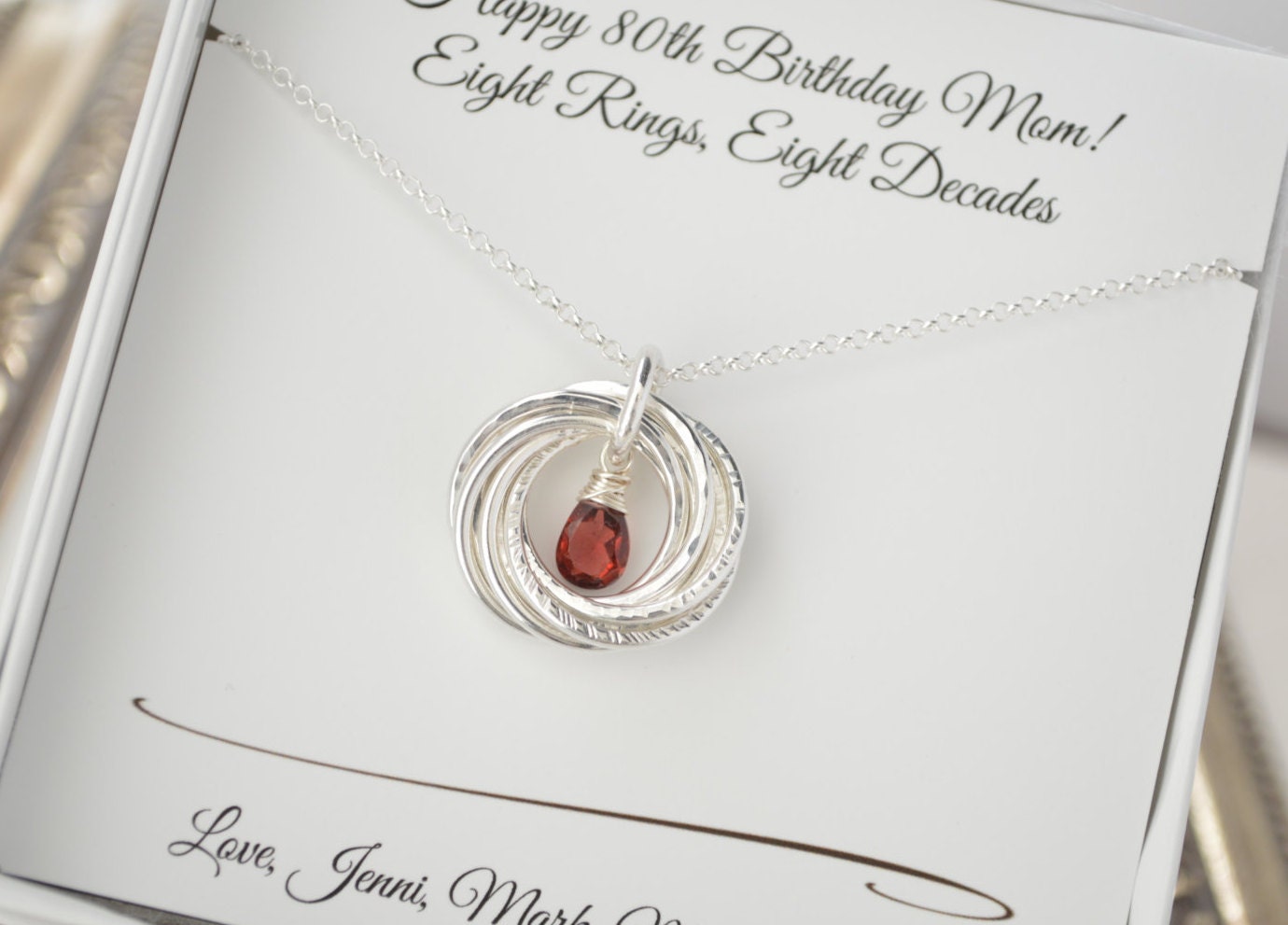 80th Birthday gift for mom,  Garnet birthstone necklace, 80th Gifts for women, 8th Anniversary gift, 8 Rings for 8 decades necklace