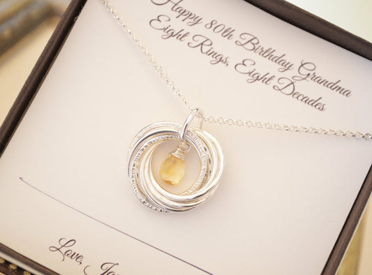 80th Birthday gift for grandmother, 8th Anniversary gift, Citrine birthstone necklace, 80th Birthday jewelry for women, 8 Rings 8 decades