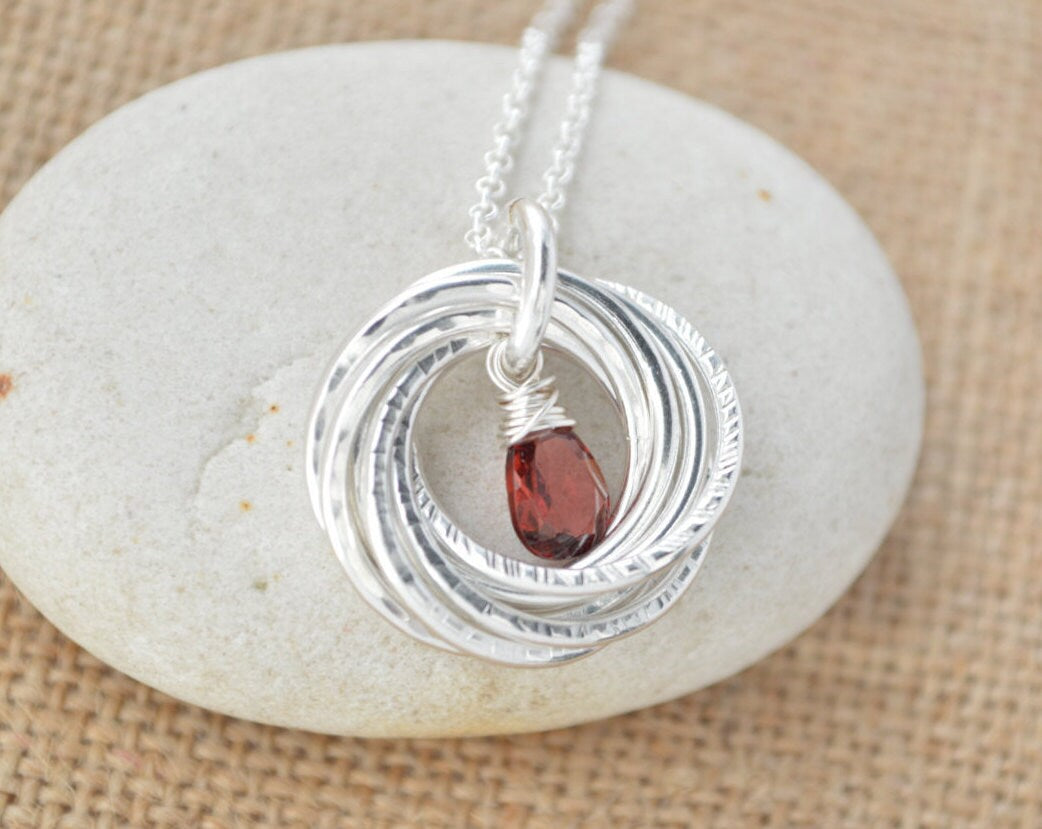 80th Birthday gift for mom,  Garnet birthstone necklace, 80th Gifts for women, 8th Anniversary gift, 8 Rings for 8 decades necklace